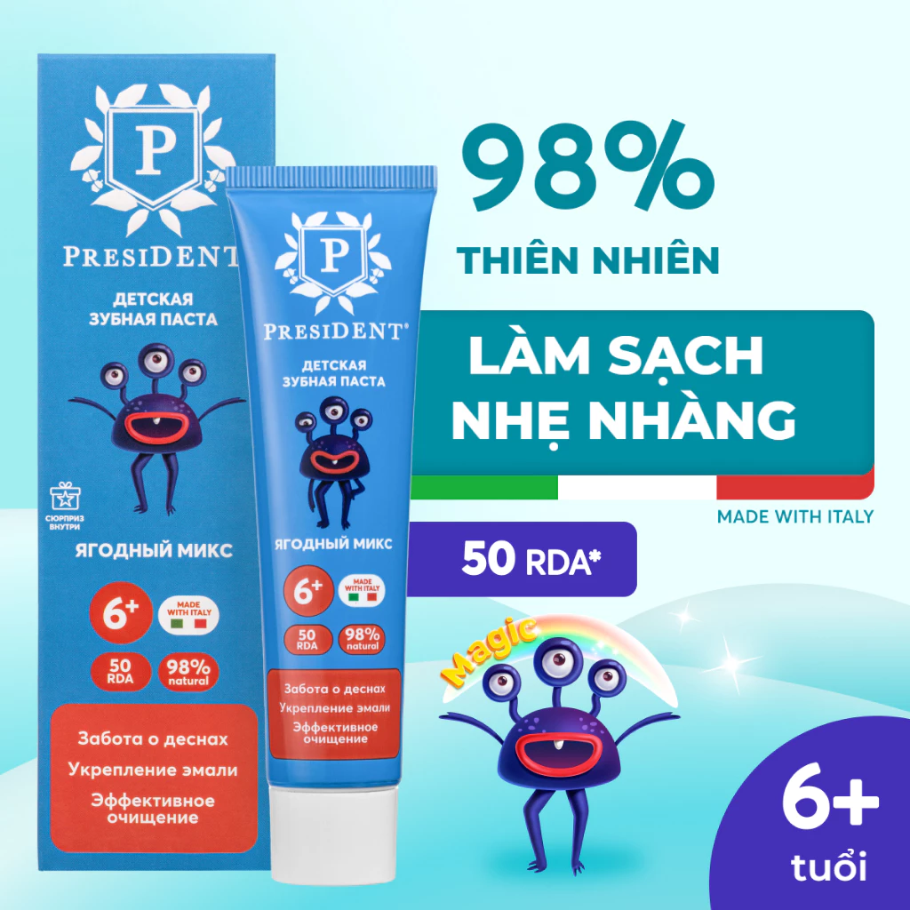 Kem đánh răng President cho trẻ từ 6 tuổi, hương quả mọng. Tái khoáng hóa men răng. Giảm nguy cơ viêm. RDA 50