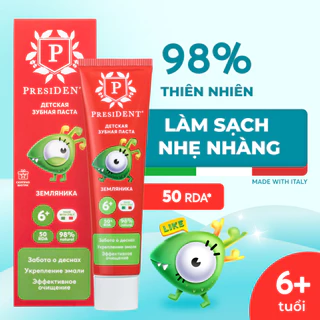 Kem đánh răng President cho trẻ từ 6 tuổi, hương Dâu rừng. Tái khoáng hóa men răng. Giảm nguy cơ viêm. RDA 50