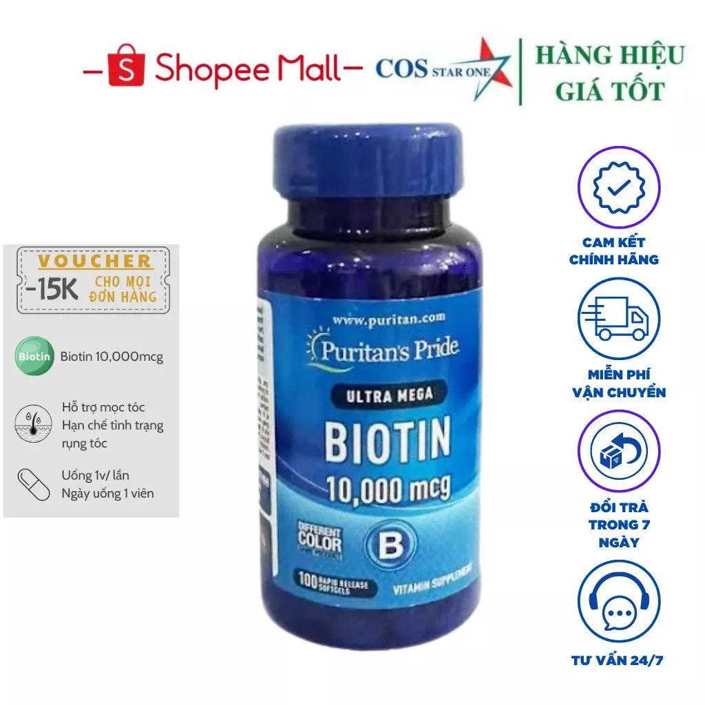 Biotin Viên uống mọc tóc Puritan's pride Ultra Mega Biotin 10.000mcg lọ 100 viên