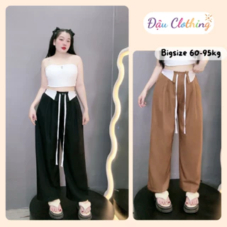 Quần ống rộng bigsize nữ phối viền lưng dáng suông tôn dáng dây rút sành điệu vải cotton lạnh QPHOI