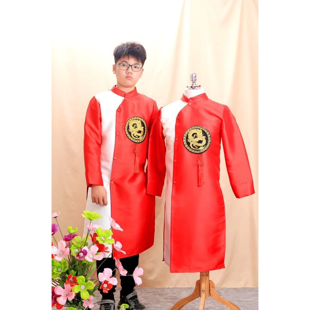Áo dài cách tân nam mẫu mới, Áo dài nam truyền thống hoạ tiết thêu rồng thiết kế cài cúc biểu diễn văn nghệ MC Đỏ