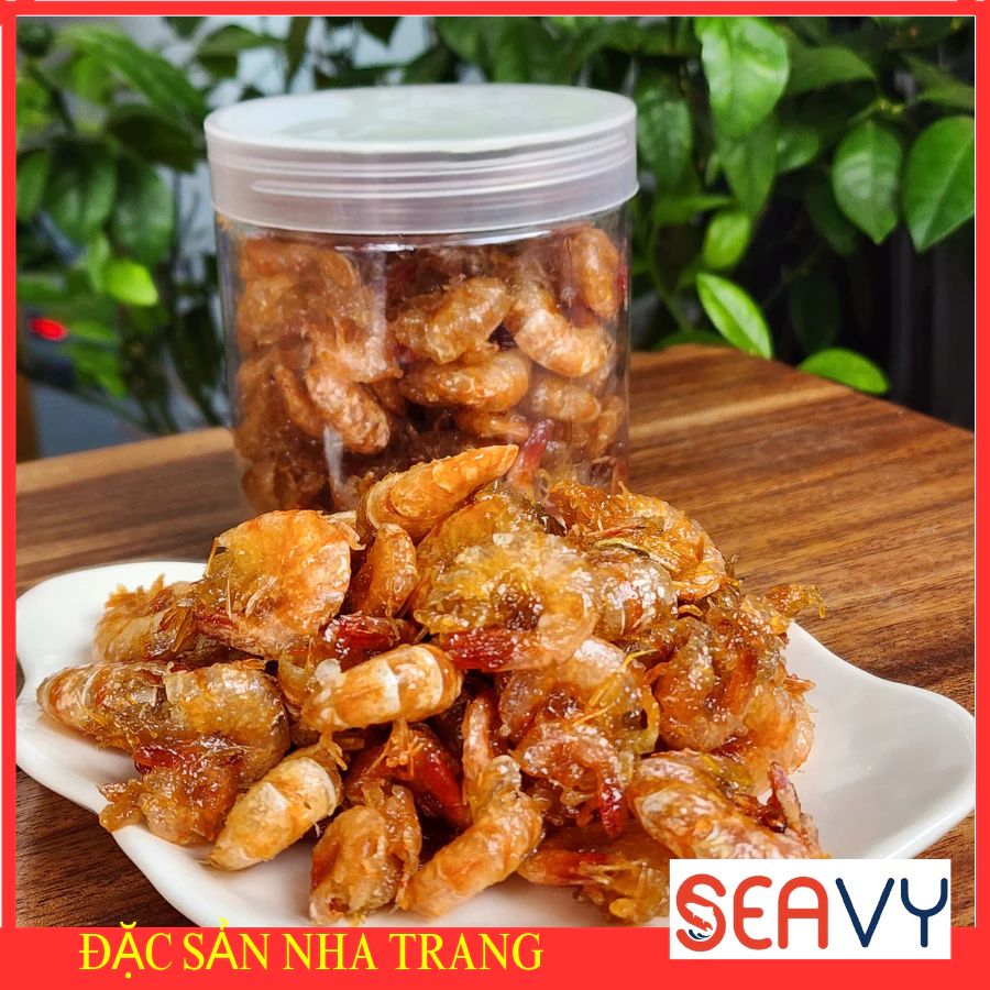 Tôm sấy giòn sốt gia vị ăn liền giòn giòn thơm thơm  Seavy Đặc sản Nha Trang hộp 200gram