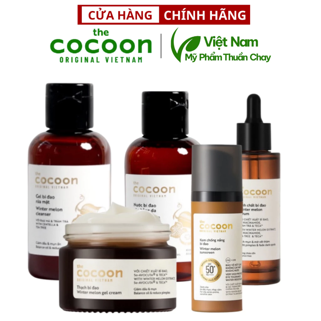 Bộ Skin care Cocoon 5 bước buổi sáng :gel rửa mặt 140ml + Toner 140ml + Serum 70ml + Thạch bí 30ml + Kem chống nắng 50ML