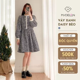 Váy dài tay hoa daisy xanh phối bèo nhún MADELEN