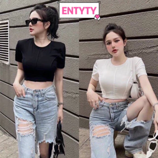 Áo Croptop nữ đẹp chất thun tăm co giãn kiểu may nổi, Áo thun trơn nữ