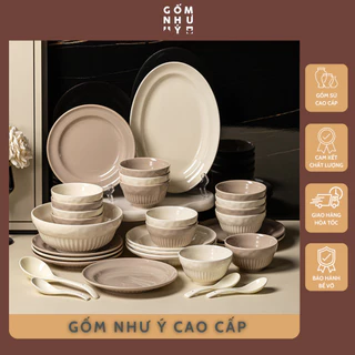 Bộ bát đĩa sứ gốm cao cấp Bắc Âu Mix màu kem trà sữa - Set bát đĩa sứ Decor Như Ý