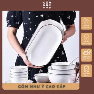 [LẺ] Bộ bát đĩa sứ trắng viền đen Bắc Âu đơn giản - Tô Chén gốm sứ dày dặn chịu nhiệt, decor bàn ăn