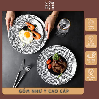 Đĩa Sứ Đen Trắng Phong Cách Bắc Âu - Dùng Ăn Bít Tết, Mỳ Ý, Bày Biện Đồ Ăn, Men Mịn An Toàn