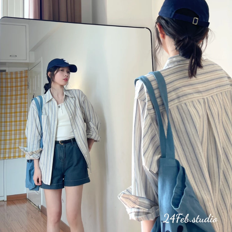 Áo sơ mi nữ dài tay kẻ sọc form rộng phong cách ulzzang Hàn Quốc 24Feb Studio AK39