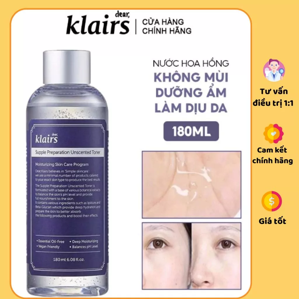 Nước Hoa Hồng Không Mùi Dưỡng Ẩm Da Và Làm Mềm Da Dear Klairs Supple Preparation Unscented Toner 180ml