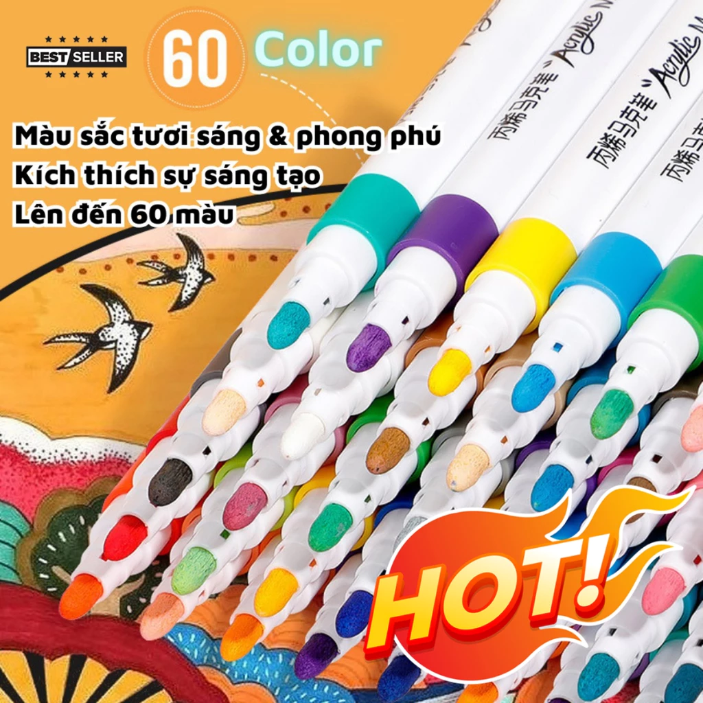 Bộ màu Acrylic Marker 12/24/36/48/60 Màu, dùng để vẽ vải/giày/tường/giấy/da/ly