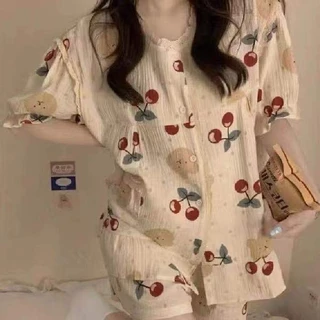 Đồ Ngủ Mina Đồ Bộ Pijama Ngắn Tay Mùa Hè Phong Cách Nhật Bản Cherry Quần Ngủ