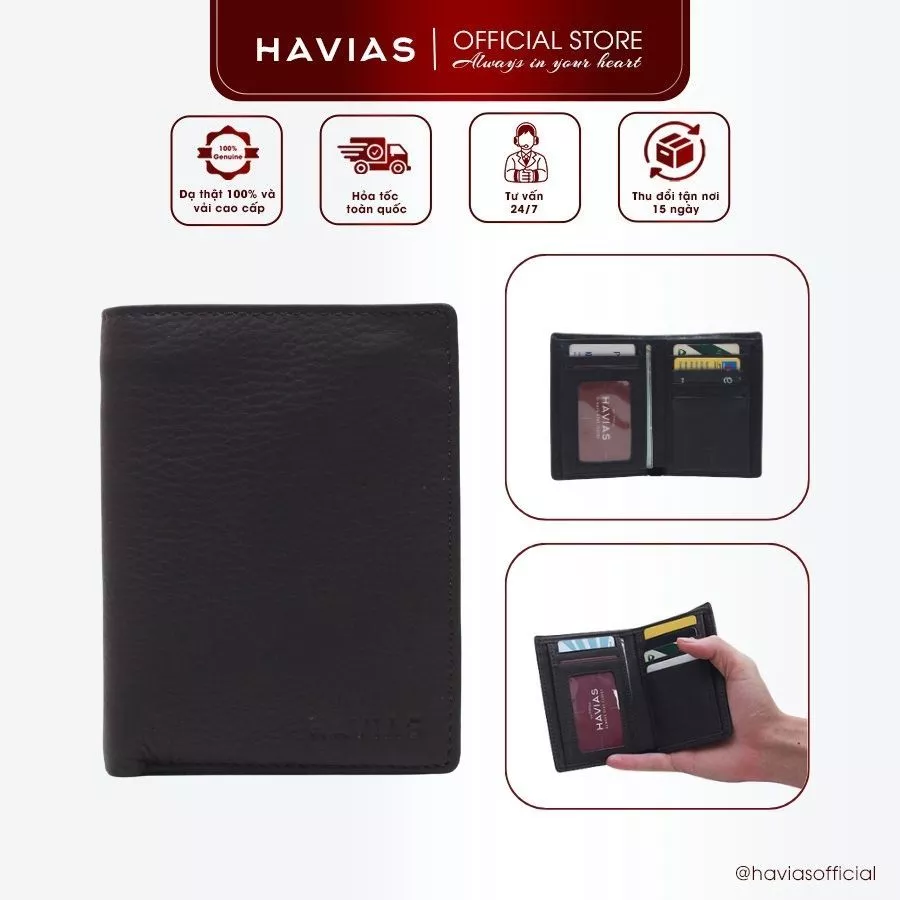 Ví Da HAVIAS Da Bò thật cao cấp dáng đứng gập đôi ví da nam nữ unisex thiết kế nhiều ngăn GERZIP