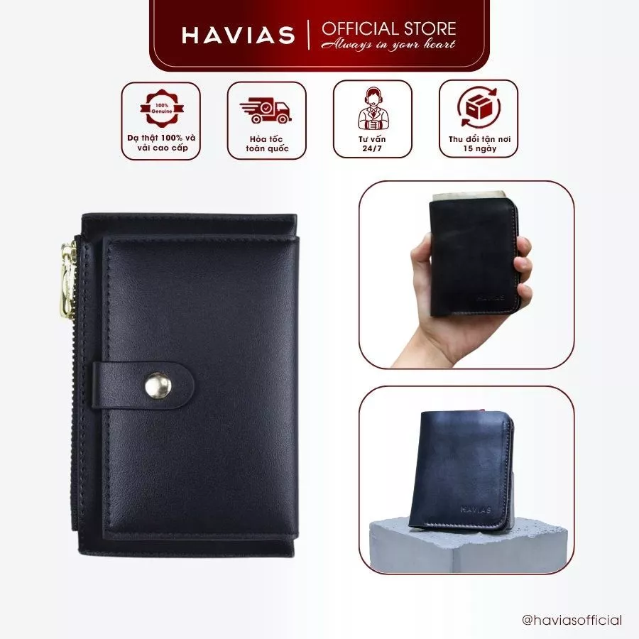 FOLD HAVIAS ví mini unisex nam nữ da Crossgrain thật nhập khẩu 100%