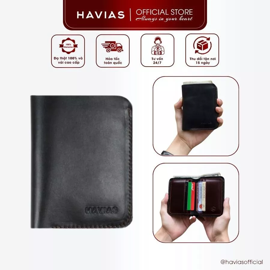 Ví Da Đứng HAVIAS Da Bò sáp Pullup gập đôi mẫu mã sành điệu VERTICAL