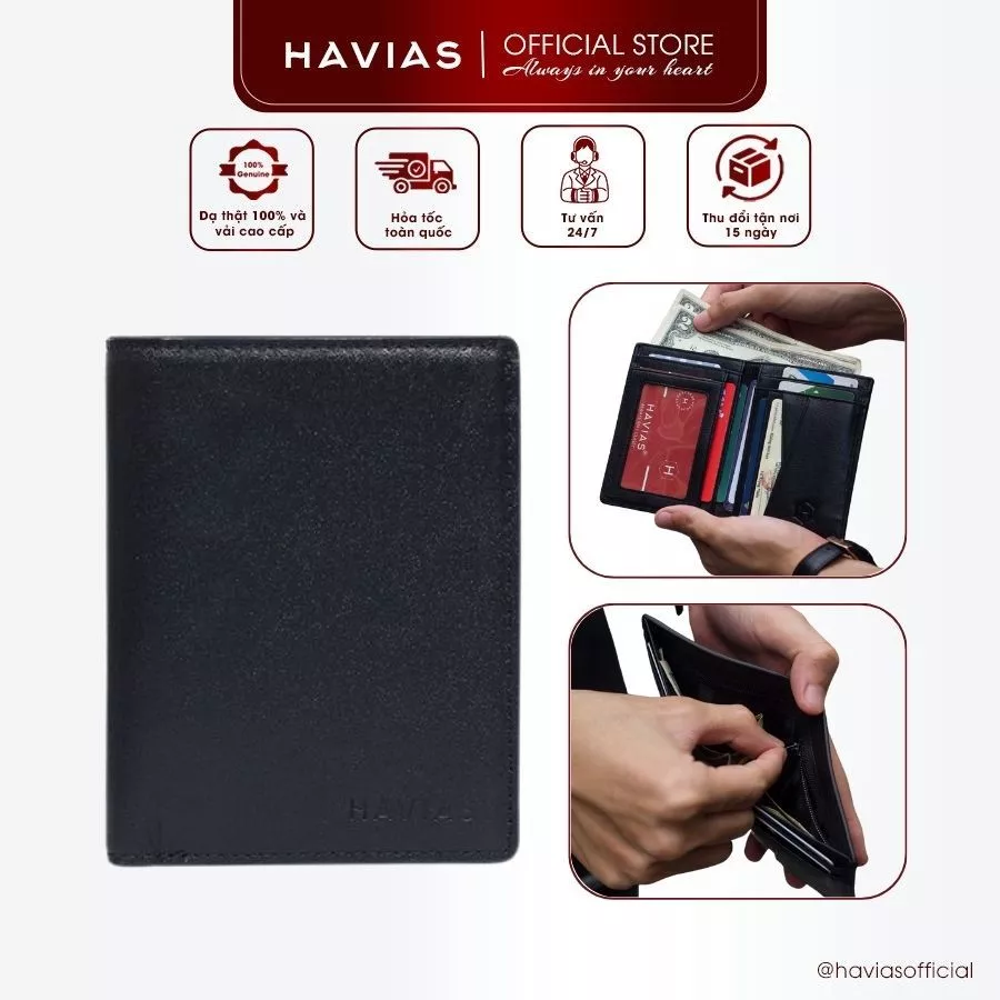 Ví Da HAVIAS Da Bò thật nhập khẩu cao cấp dáng đứng ví nam nữ unisex Modern Minimalist VERZIP