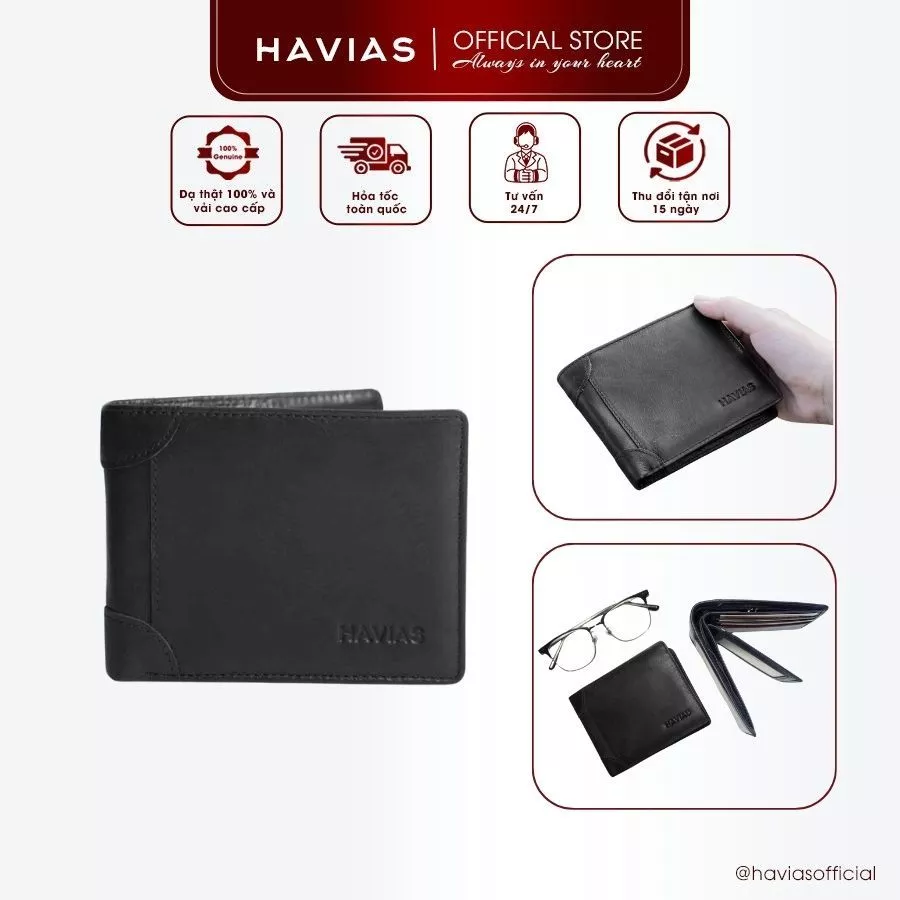 LAZIP HAVIAS ví ngang đựng tiền da bò Nappa thật 100% nhập khẩu