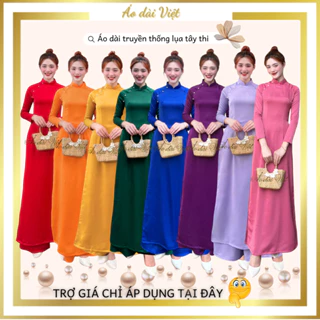 Áo dài màu trơn truyền thống đính ngọc đỏ cam vàng xanh tím hồng giáo viên may sẵn lụa tây thi cao cấp loại 1 bóng nhẹ