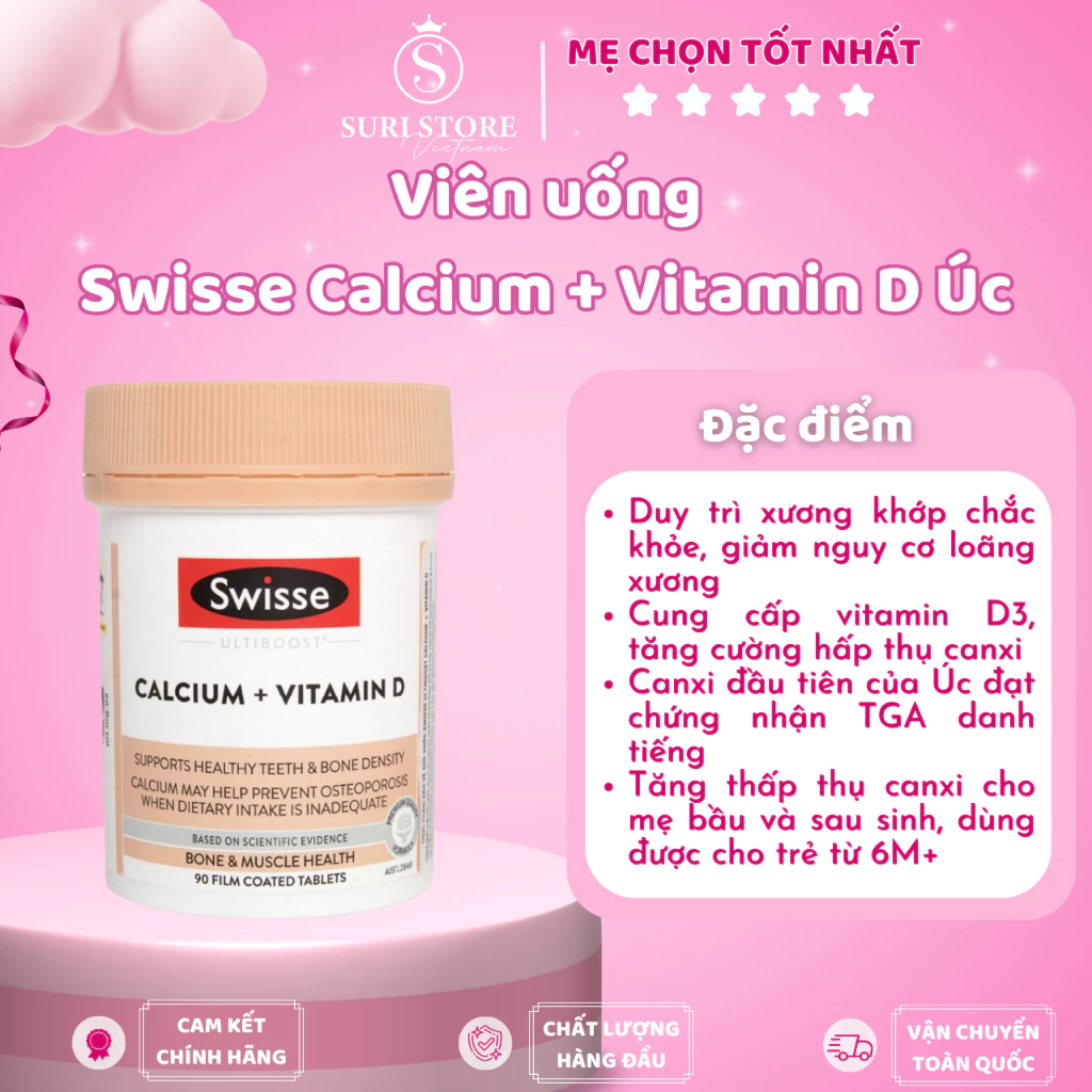 Viên uống Canxi và Vitamin D cho mẹ bầu Swisse Calcium Vitamin D Úc chống loãng xương hỗ trợ sức khỏe xương khớp 90 viên