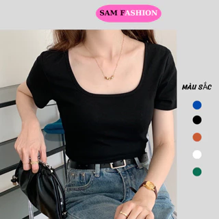 Áo Phông Nữ SAM Cổ Vuông Ngắn Tay ôm Sát Body Cotton Thun Trơn Basic Cao Cấp Co Giãn đi Chơi đi Làm EVELY22