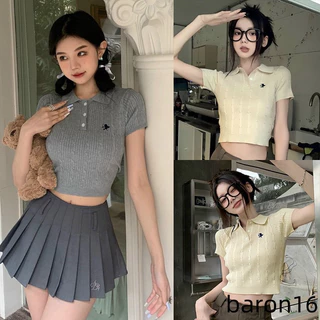 [NEW/SẴN]Áo len dệt kim cổ polo dáng croptop thêu”thần tình yêu” hàng Quảng Châu