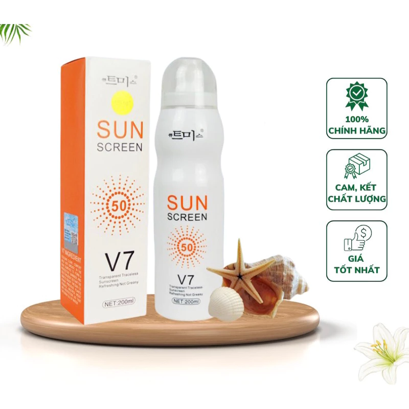 Xịt chống nắng V7 Sun Screen trắng da nâng tone chống nước không bết dính SPF50