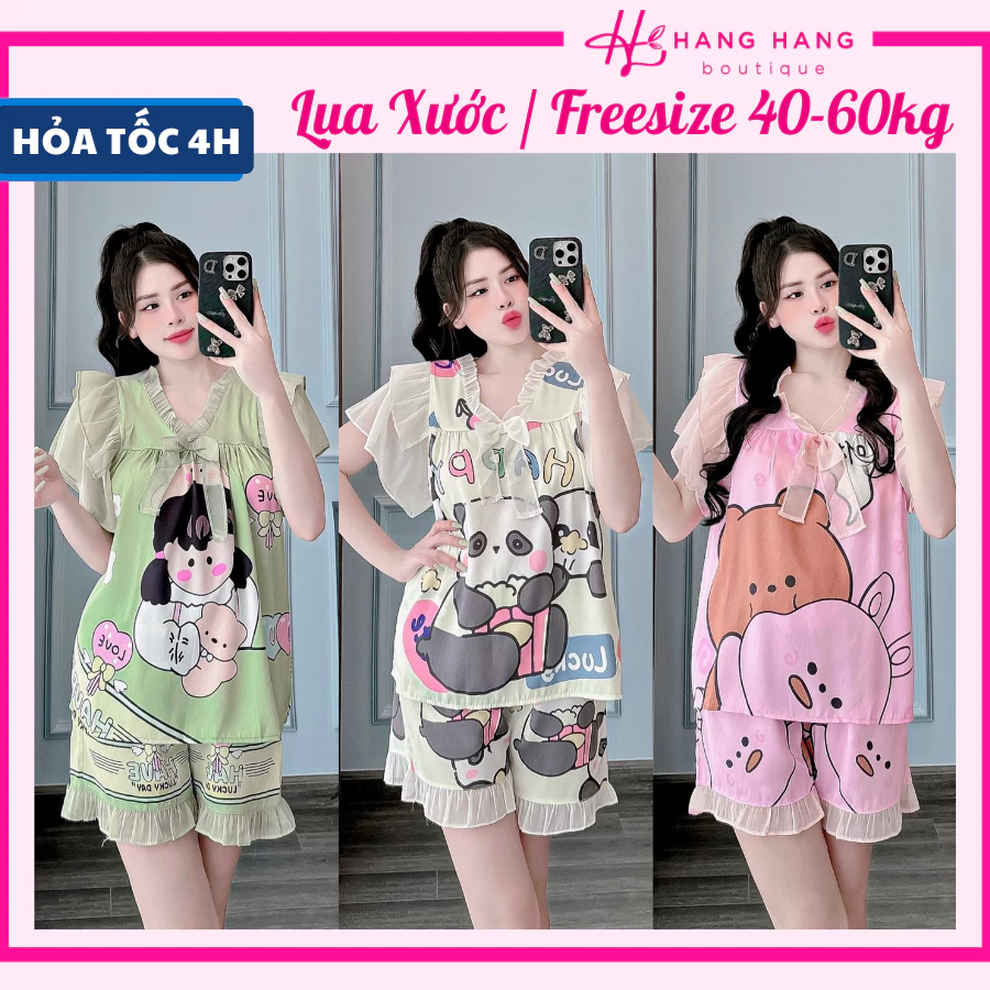 Bộ đồ ngủ cỡ nhỏ 40-60kg, đồ bộ nữ pijama đùi ngắn tay voan bèo lụa xước, đồ ngủ lụa tiểu thư mặc nhà cute dễ thương