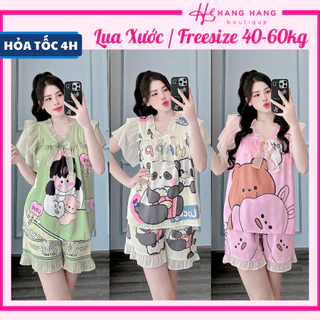 Bộ đồ ngủ cỡ nhỏ 40-60kg, đồ bộ nữ pijama đùi ngắn tay voan bèo lụa xước, đồ ngủ lụa tiểu thư mặc nhà cute dễ thương