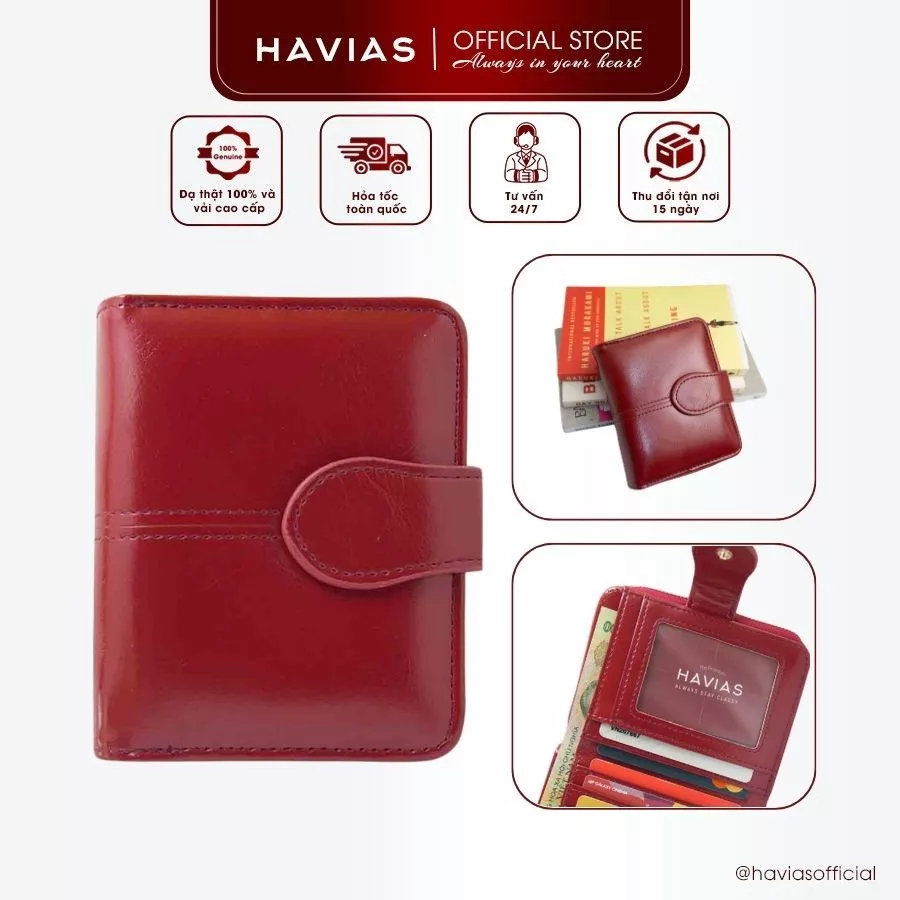 LOM HAVIAS bóp dáng ngang khoá Zip mạ đồng chắc chắn da bò Nappa thật 100%