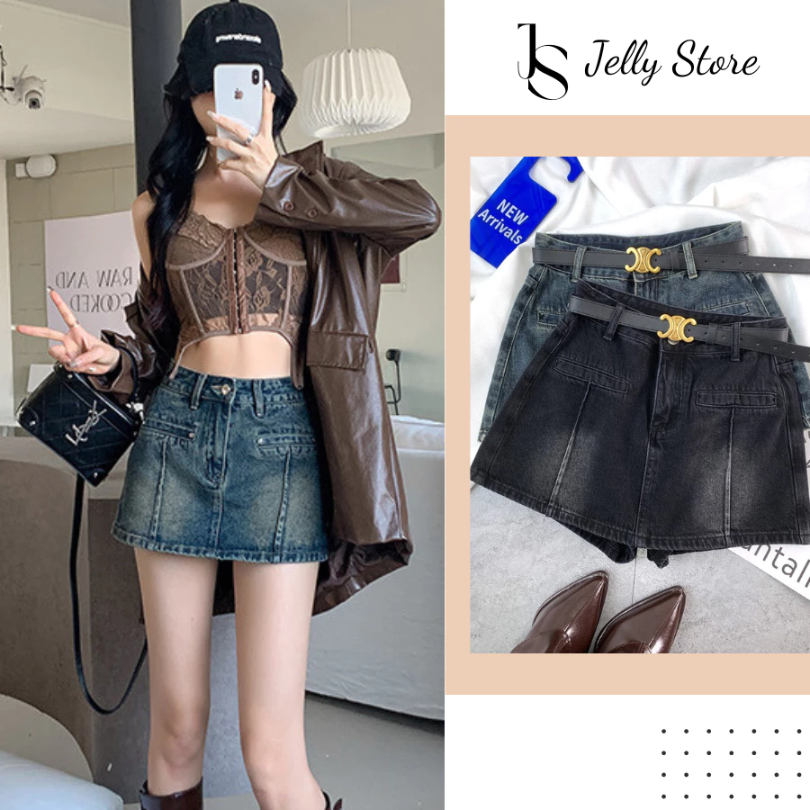 Quần Short Jeans Nữ Cạp Cao Cá Tính Cho Nữ The Jelly, Quần Giả Váy Y2K A004 Hot trend 2025