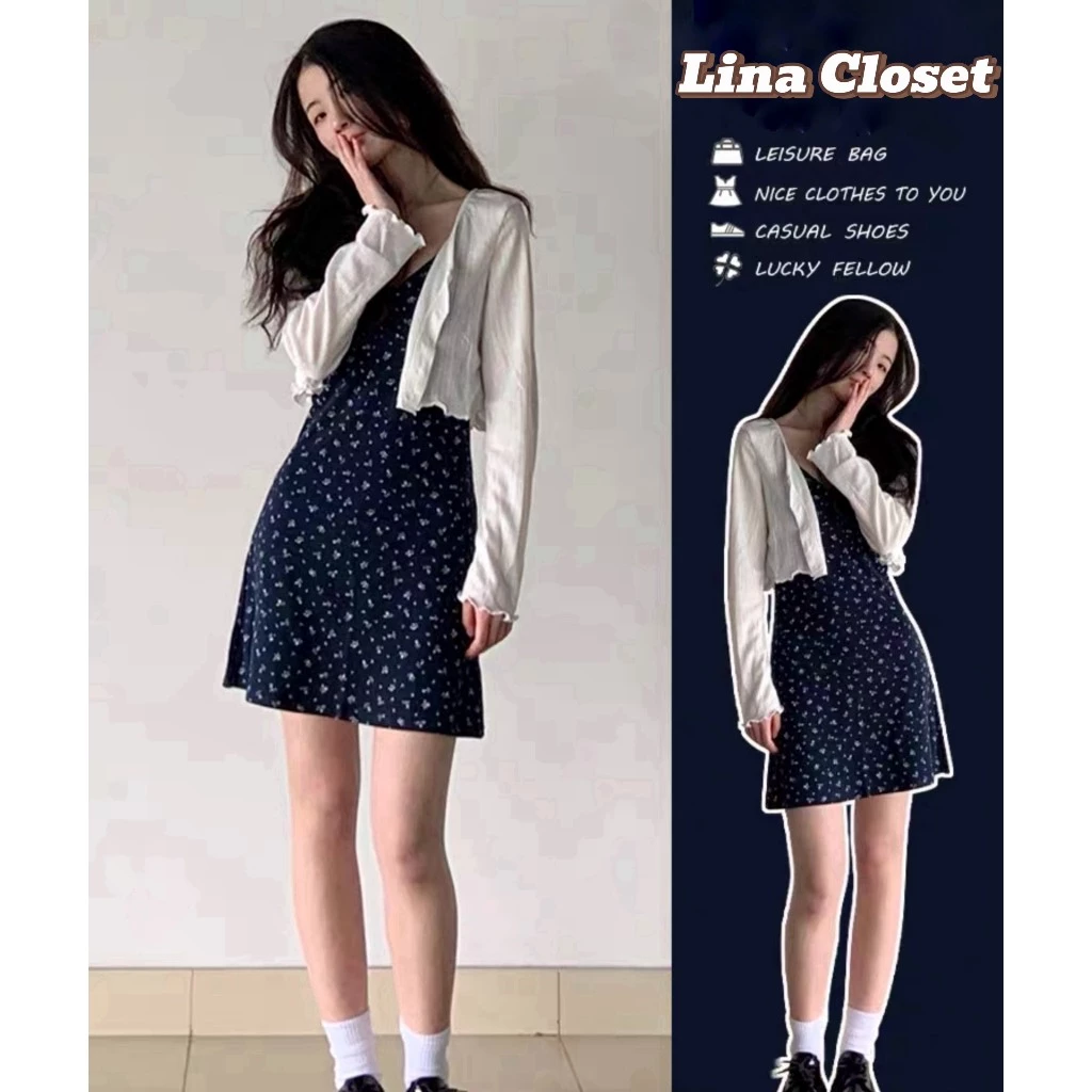 (Hàng QC Sẵn) Váy Hai Dây Hoa Dáng Ngắn Kèm Áo Khoác, Đầm 2 dây đi biển Kèm Cardigan