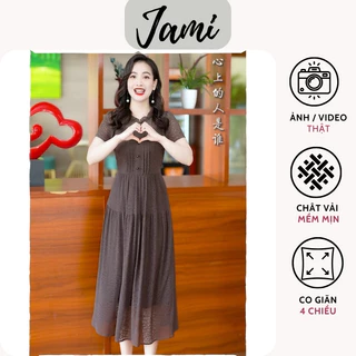 Váy đầm trung niên JAMI TF184 dáng váy xuông dài, có dây buộc sau, vải nhập Hàn mềm mại, thoáng mát
