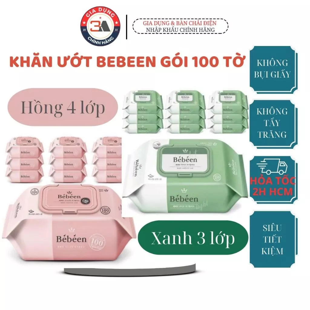 (CHUYÊN SỈ) Thùng 10 gói khăn giấy ướt BeBeen cao cấp Hàn Quốc 100 tờ Xanh 3 lớp/ Hồng 4 lớp không mùi Hàng chính hãng