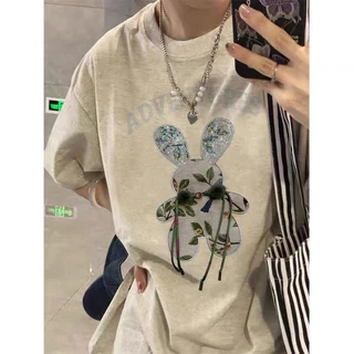 Xám tiêu focus local brand 2024 áo phông nữ form rộng con thỏ logo in ấn cổ tròn oversize áo thun 100%cotton