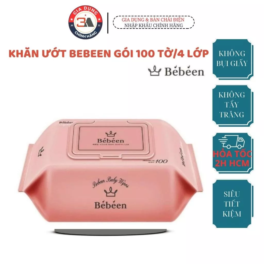 (HỎA TỐC 2H) Khăn giấy ướt cao cấp Bebeen Hàn Quốc hồng 100 tờ/4 lớp mềm mịn, khăn lau đa năng an toàn cho da em bé