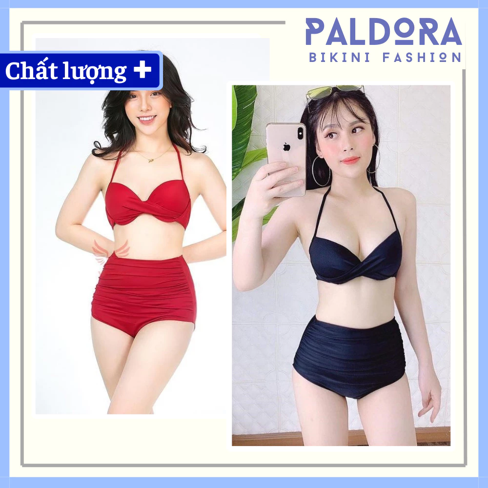 Bikini hai mảnh đồ bơi nữ đi biển áo 2 dây gọng xoắn nâng ngực quần lưng cao che bụng PALDORA010