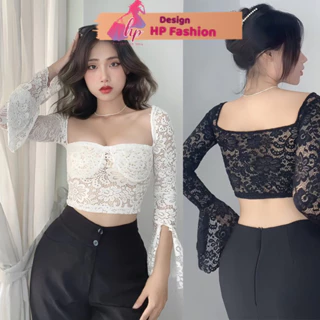 Áo thun ren lưới hoa dài tay xuyên thấu croptop, áo kiểu nữ tay loa xẻ mặc hè tôn dáng đi chơi đi biển G833 A REN