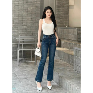 HQJeans Quần jeans ống loe nữ lưng siêu cao 3 cúc đai chéo mẫu thiết kế mới HQ166