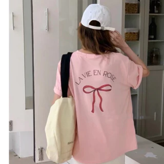 Áo Thun Cotton in hình NƠ La vie en rosé, 2024  in hình thời trang Hàn Quốc Tizion