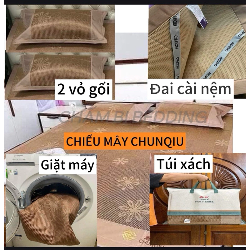 Chiếu mây điều hòa chunqiu kèm túi và 2 vỏ gối, Chiếu giả tơ tằm giặt đc máy