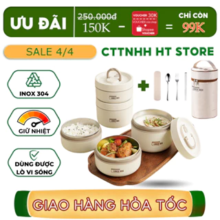 Hộp đựng cơm giữ nhiệt Lucky kèm túi, Hộp cơm văn phòng cách nhiệt 3 tầng bằng thép không gỉ 304