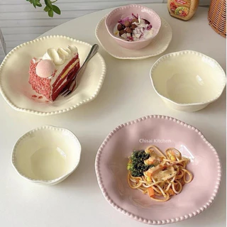 Bát đĩa gốm hạt cườm viền sóng phong cách Hàn Quốc sang trọng, tinh tế. Bát đĩa gốm màu sắc hot trend