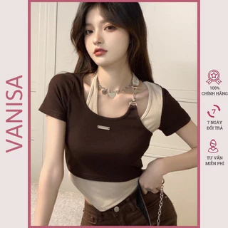 Áo croptop kiểu phối dây đen nâu VANISA CT024