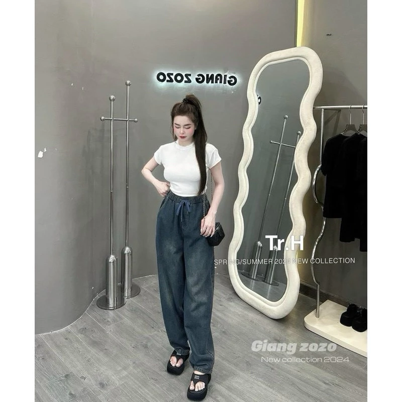 Quần Bò Baggy Trơn, Quần Jeans Nữ  Cạp Chun Bản To Dây Rút Mix Túi Sau Dáng Cực Đỉnh