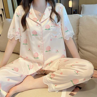 Bộ pijama lụa xước phối ren hoạ tiết trái đào