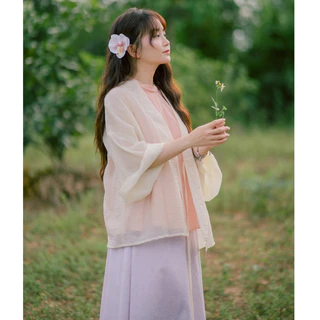 Xoăn | Áo khoác Kimono Haori chất voan tơ màu trắng kem