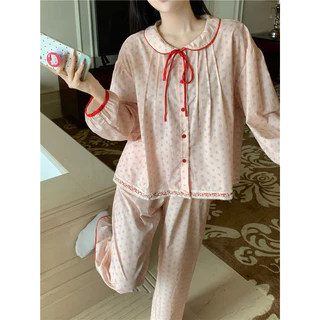 ( SẴN ) Bộ pijama cổ sen thắt nơ hoạ tiết chấm bi nhẹ nhàng QCCC