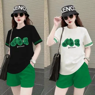 Bộ đồ thể thao nữ thun COTTON, quần ngắn áo thêu LOGO GẦU xù nhập QUẢNG CHÂU thời trang trẻ đẹp P4083