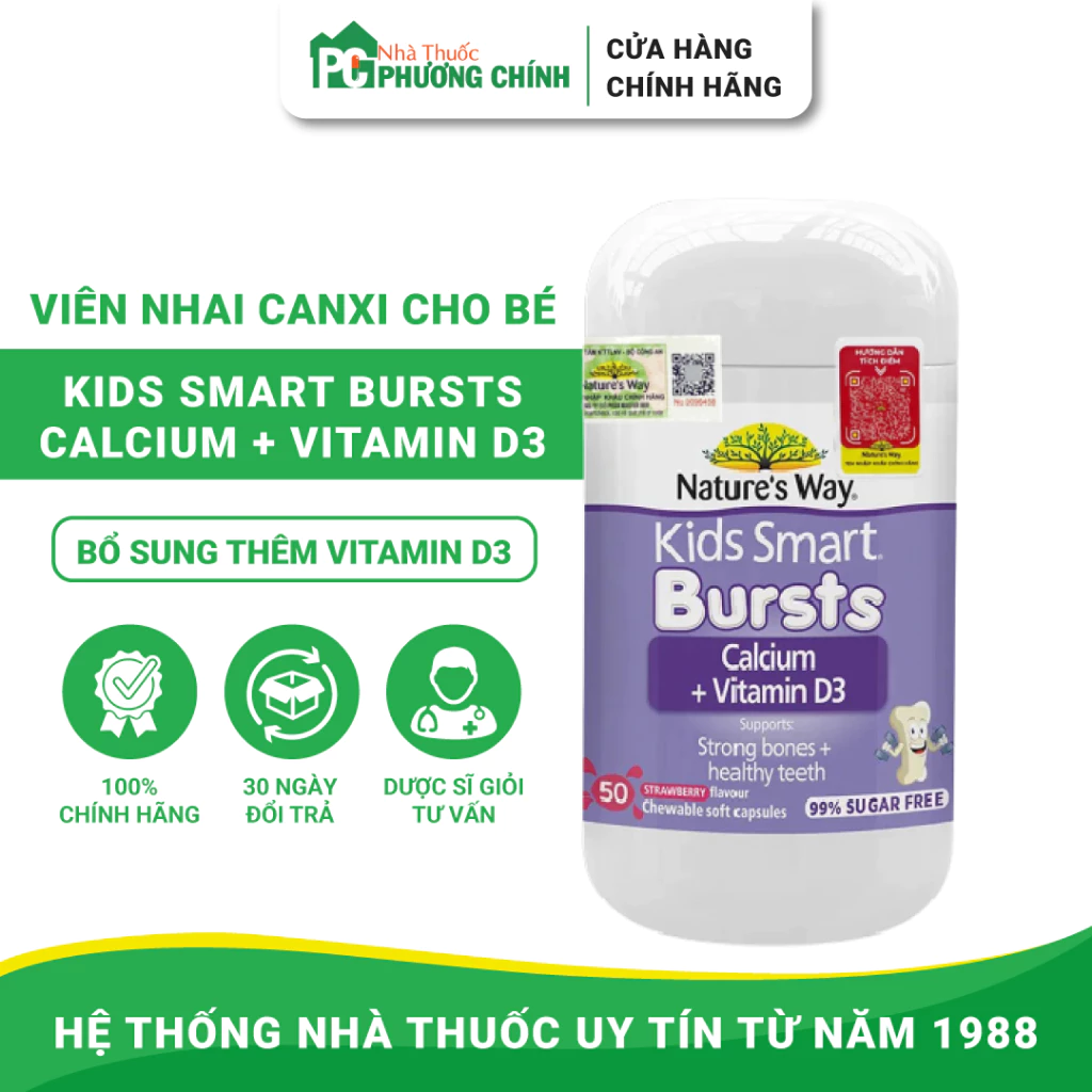 Canxi Cho Bé Kids Smart Bursts Calcium + Vitamin D3 Nature's Way Úc Giúp Trẻ Phát Triển Chiều Cao Tối Ưu (Lọ 50 viên)