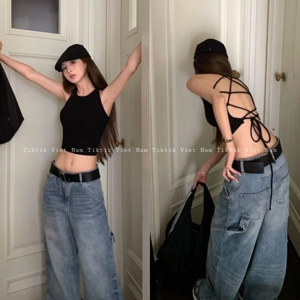 (SẴN) Áo sát nách ba lỗ croptop màu đen trơn dây đan chéo sau lưng quyến rũ sexy cá tính - Tiktik